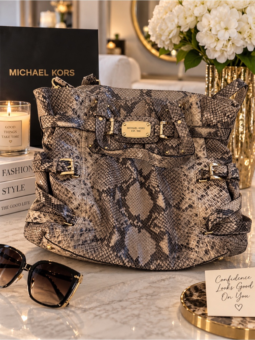 MICHAEL KORS Snake-Print Shoulder Bag in Taupe and Black